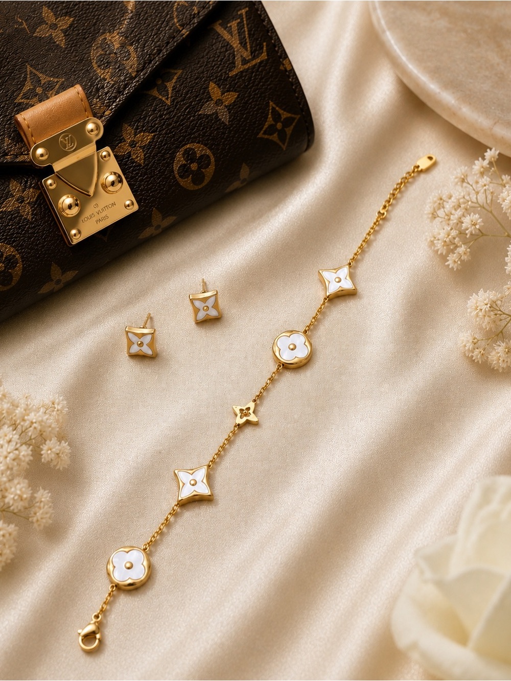 Gold and White Floral Motif Bracelet with Matching Stud Earrings